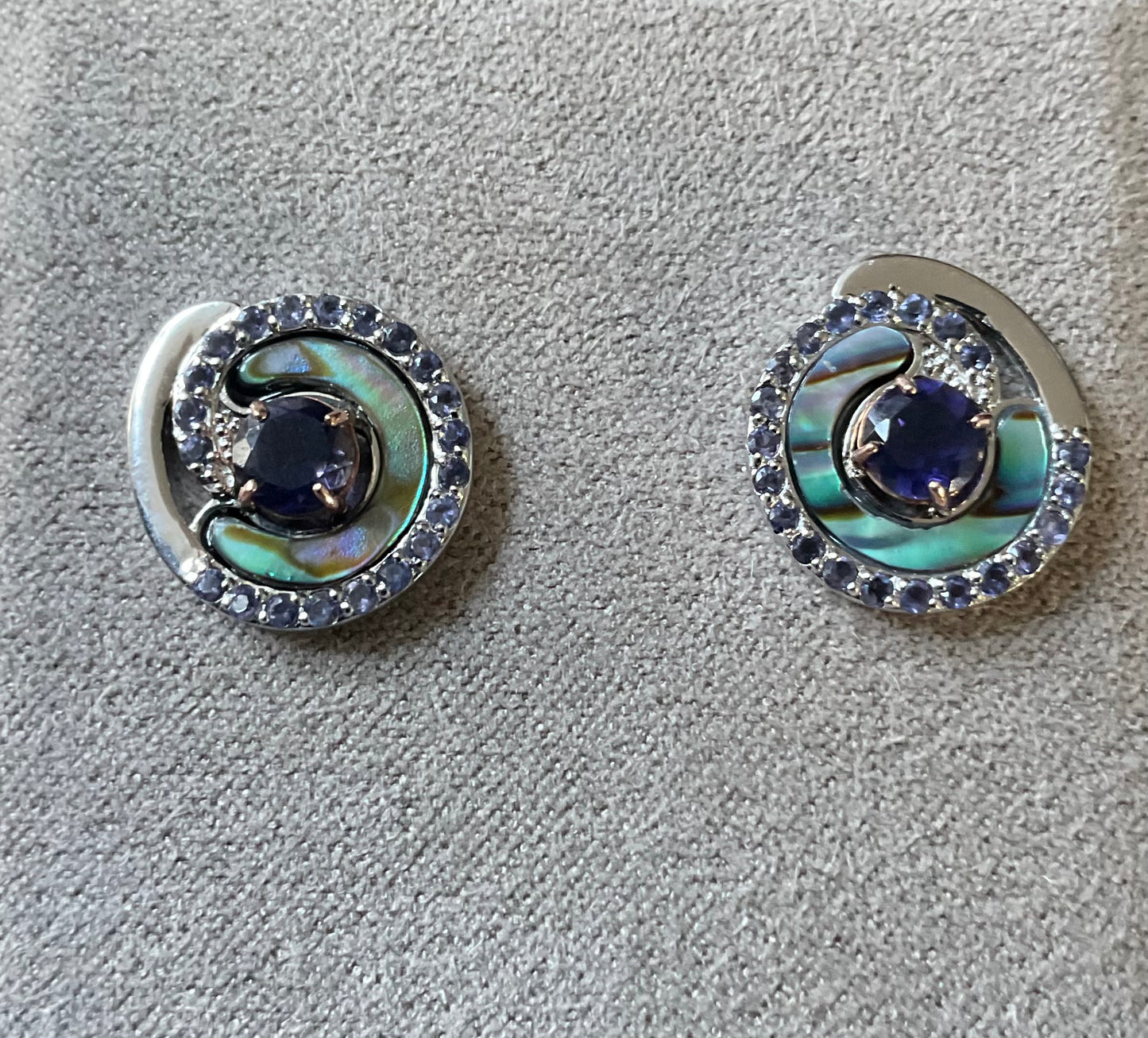 Clogau Ebb and Flow Abalone shell and Iolite stud earrings in silver and rose gold