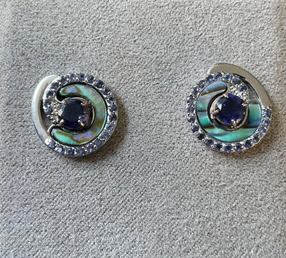 Clogau Ebb and Flow Abalone shell and Iolite stud earrings in silver and rose gold