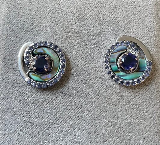 Clogau Ebb and Flow Abalone shell and Iolite stud earrings in silver and rose gold
