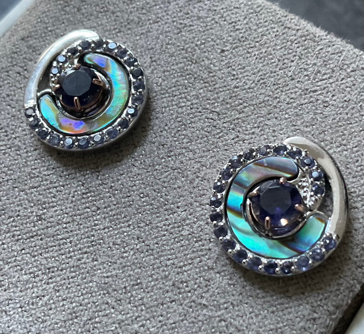 Clogau Ebb and Flow Abalone shell and Iolite stud earrings in silver and rose gold