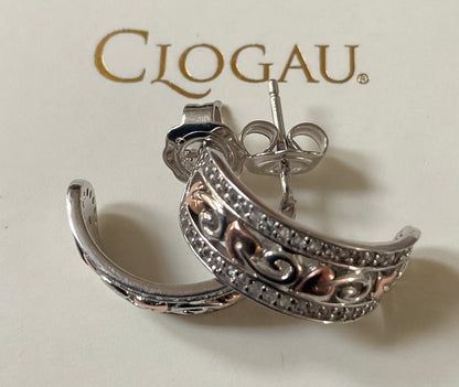Clogau Tree of Life White Topaz half hoop earrings in silver and rose gold