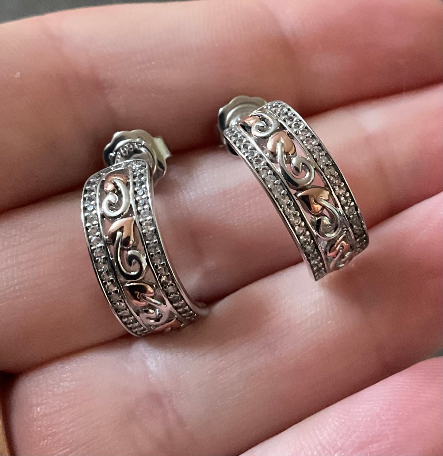 Clogau Tree of Life White Topaz half hoop earrings in silver and rose gold