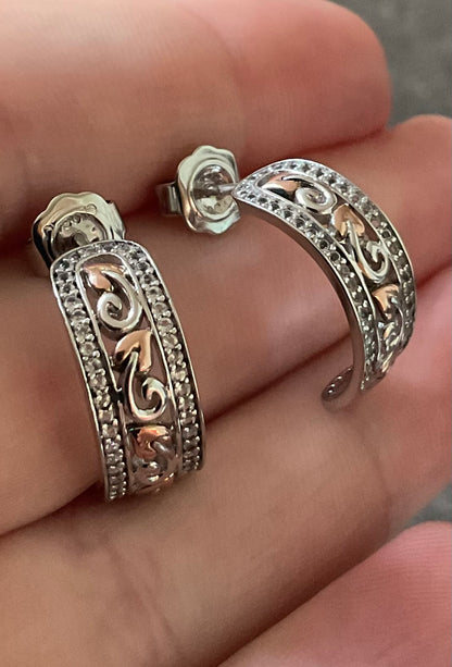 Clogau Tree of Life White Topaz half hoop earrings in silver and rose gold