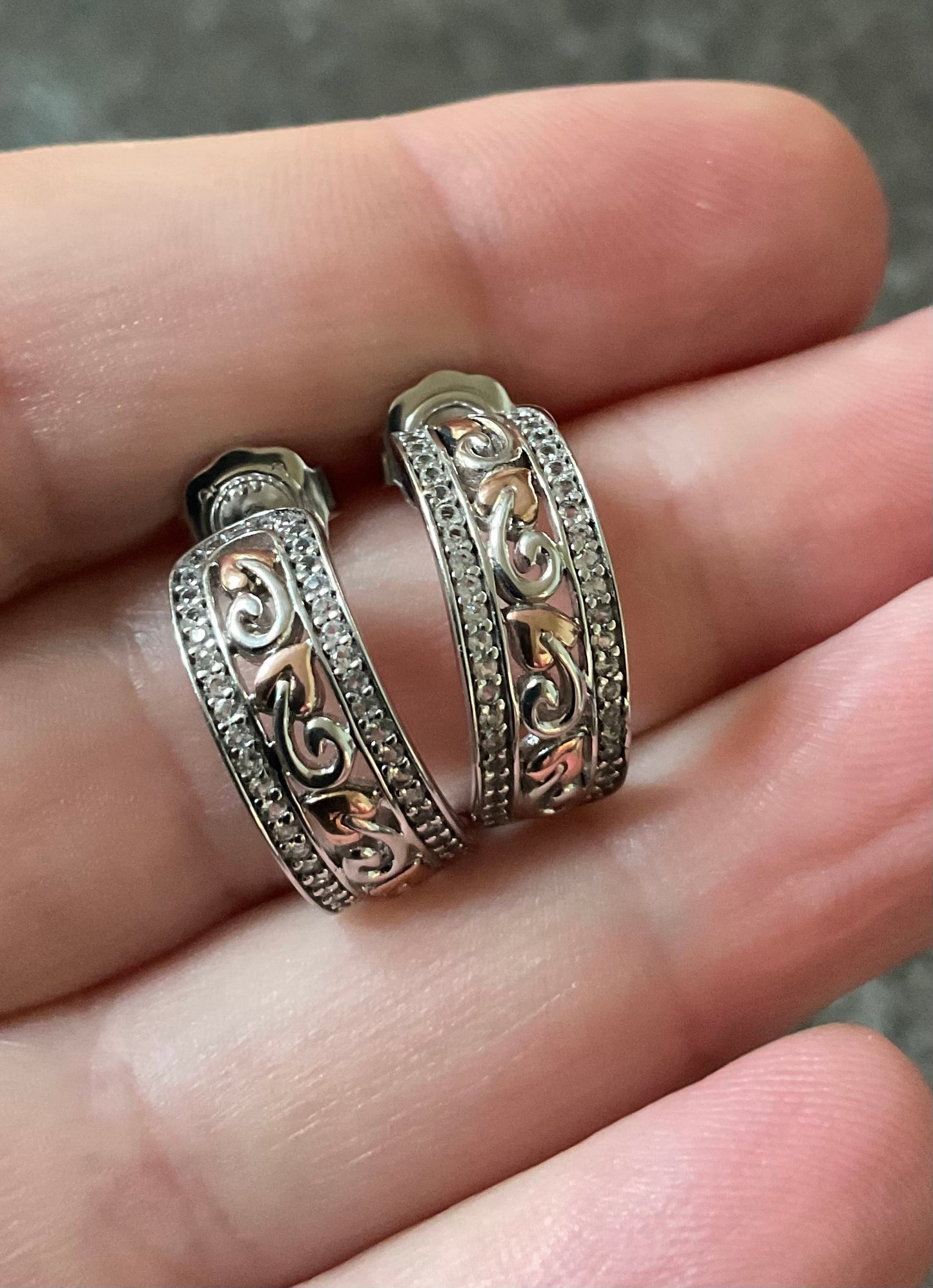 Clogau Tree of Life White Topaz half hoop earrings in silver and rose gold