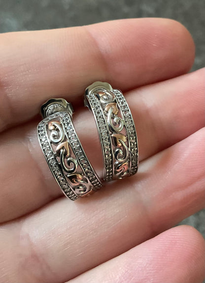 Clogau Tree of Life White Topaz half hoop earrings in silver and rose gold