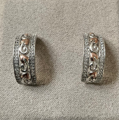 Clogau Tree of Life White Topaz half hoop earrings in silver and rose gold