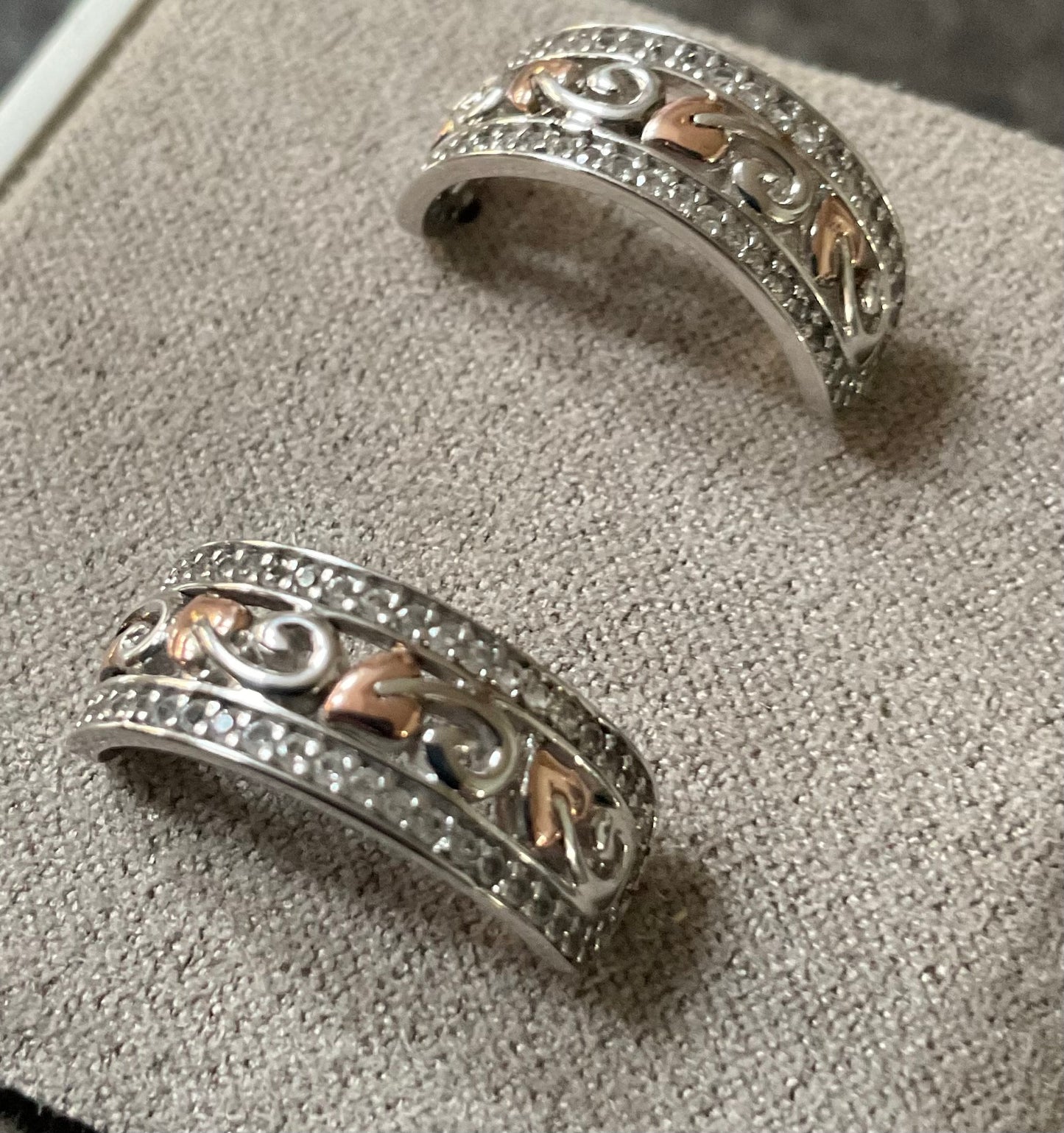 Clogau Tree of Life White Topaz half hoop earrings in silver and rose gold