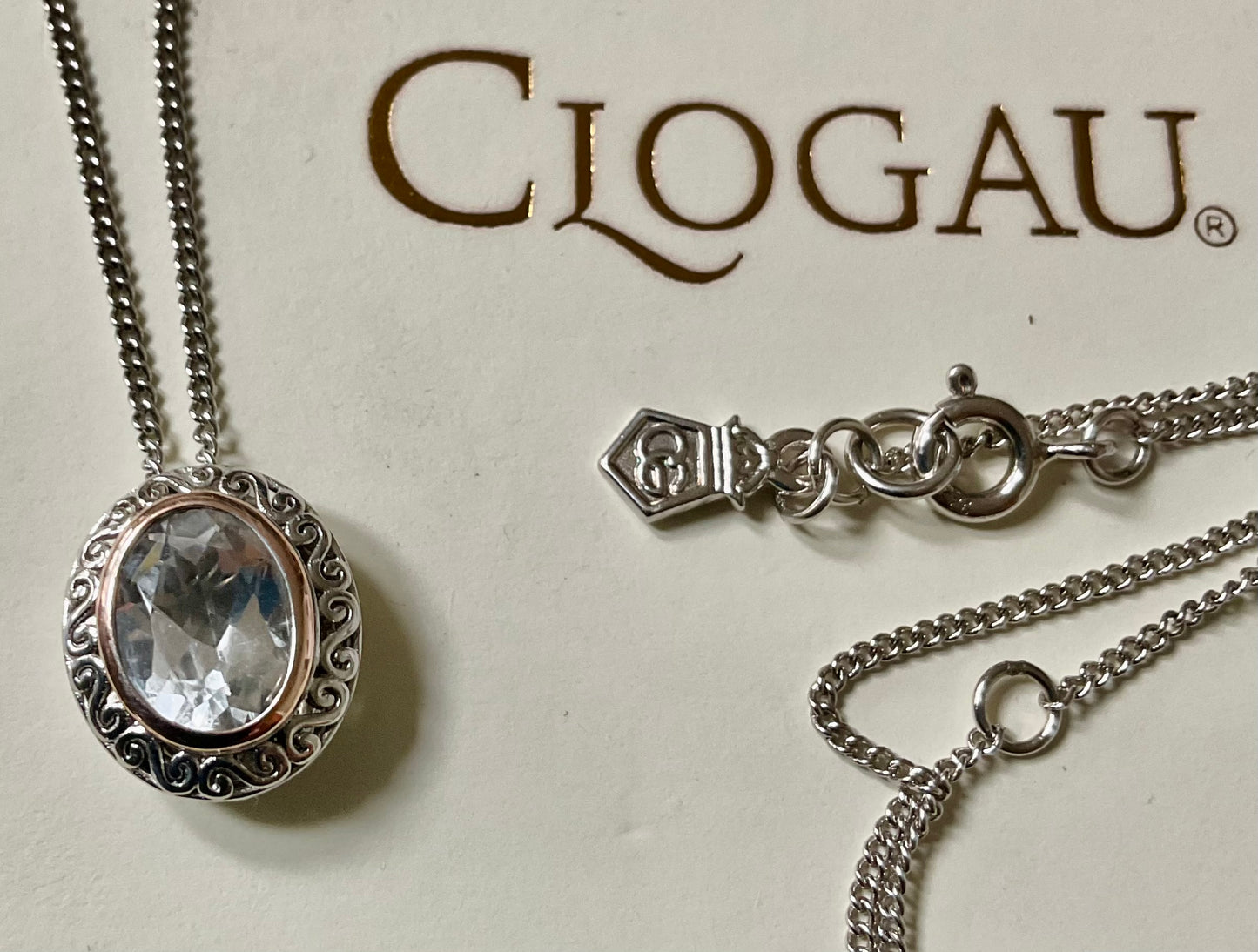 Clogau Looking Glass white topaz pendant necklace 18-22” in silver and rose gold