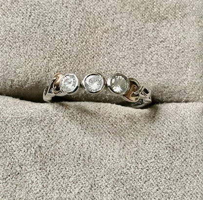 Clogau Tree of Life white topaz 3 stone ring size O in silver and rose gold