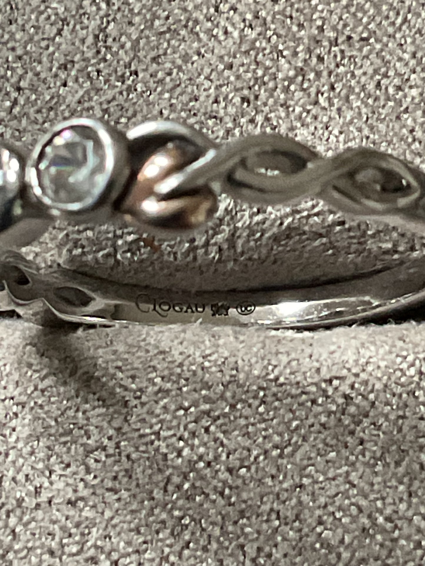Clogau Tree of Life white topaz 3 stone ring size O in silver and rose gold