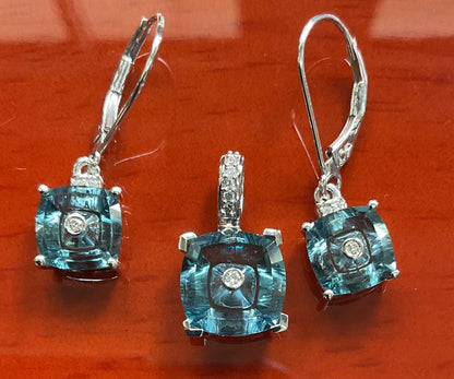 Glenn Lehrer 10K white gold Limited edition Torus Blue Topaz & Diamond pendant & earrings set