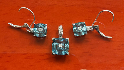 Glenn Lehrer 10K white gold Limited edition Torus Blue Topaz & Diamond pendant & earrings set