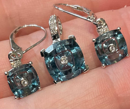 Glenn Lehrer 10K white gold Limited edition Torus Blue Topaz & Diamond pendant & earrings set