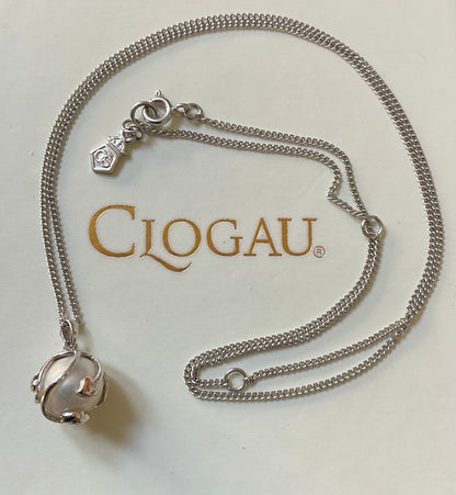 Clogau Caged Pearl stud earrings and Caged Pearl necklace in silver and rose gold
