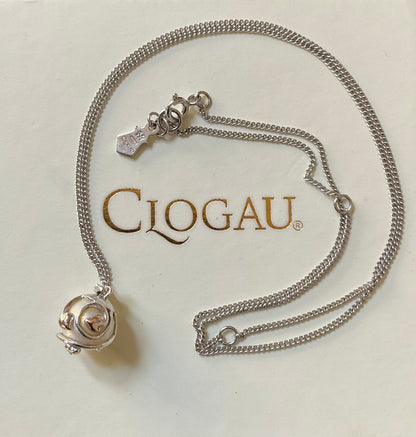 Clogau Caged Pearl stud earrings and Caged Pearl necklace in silver and rose gold