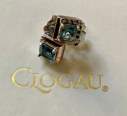 Clogau Kensington Love Story London Blue Topaz stud earrings in silver and rose gold