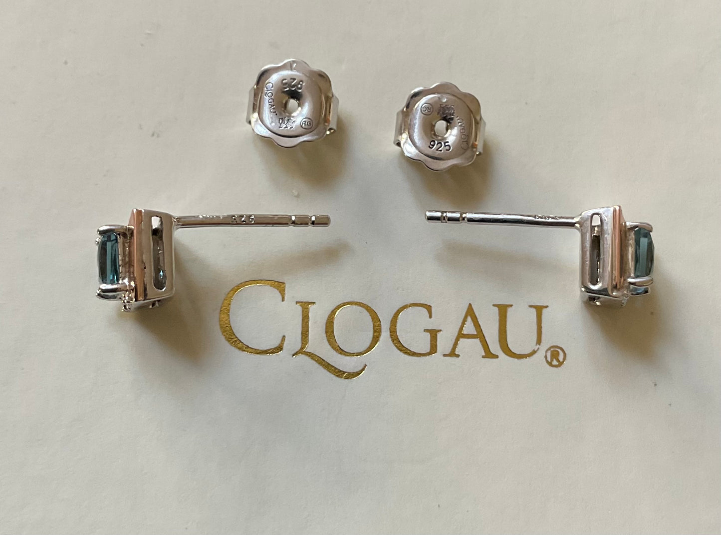 Clogau Kensington Love Story London Blue Topaz stud earrings in silver and rose gold