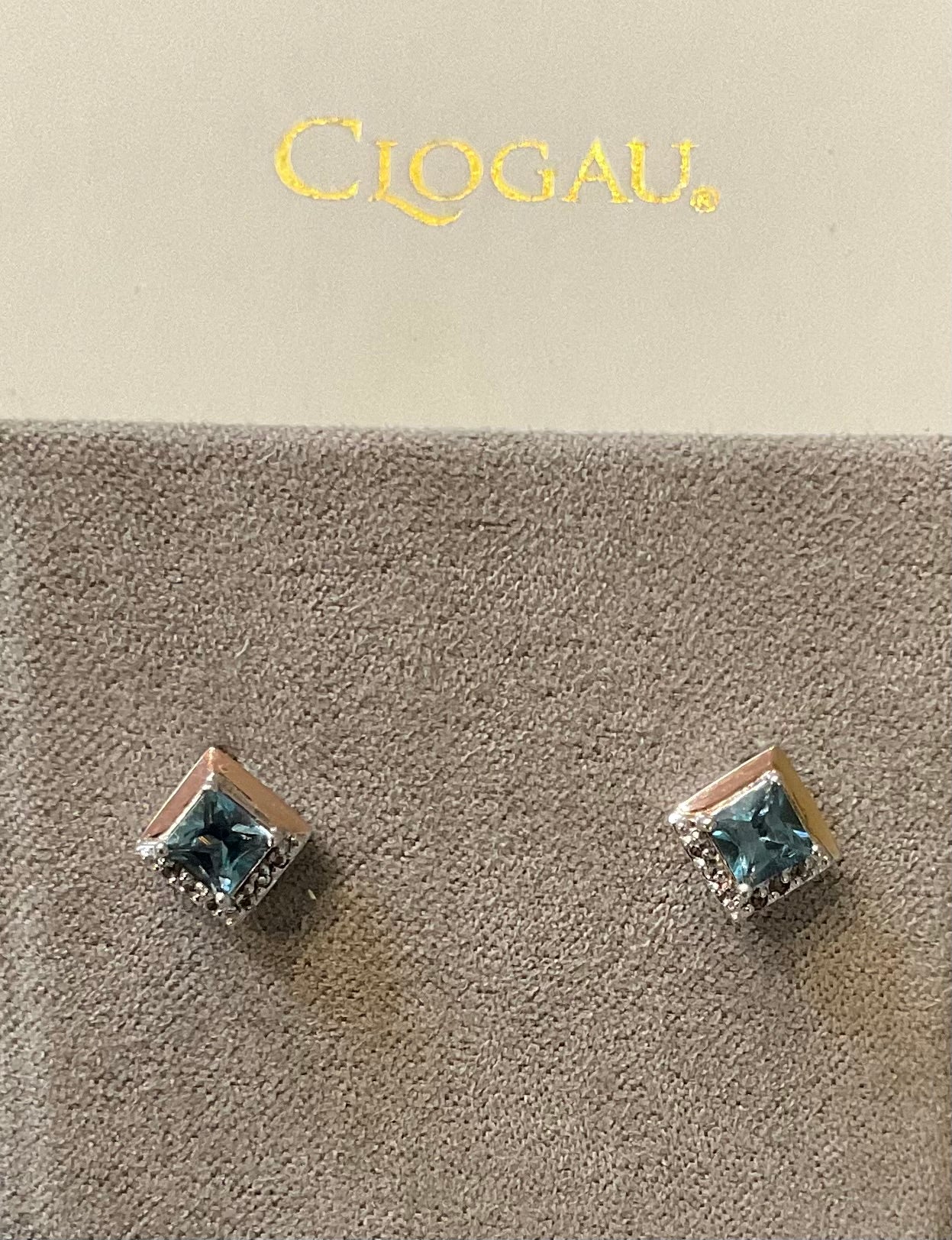 Clogau Kensington Love Story London Blue Topaz stud earrings in silver and rose gold