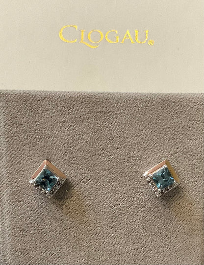 Clogau Kensington Love Story London Blue Topaz stud earrings in silver and rose gold