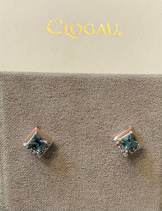 Clogau Kensington Love Story London Blue Topaz stud earrings in silver and rose gold