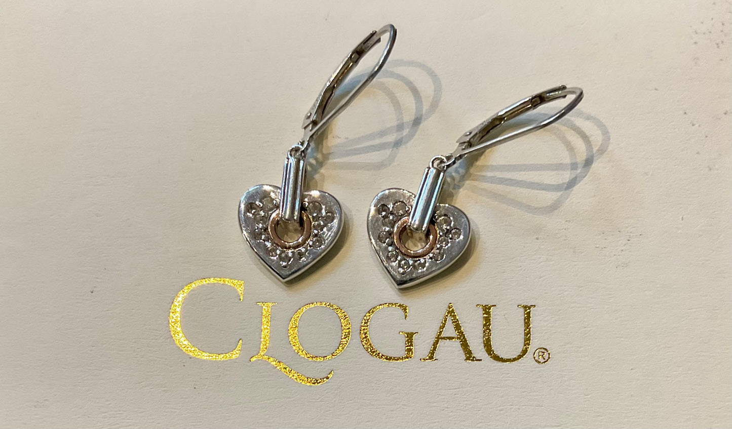 Clogau Cariad Sparkle Heart white topaz drop leverback earrings in silver and rose gold