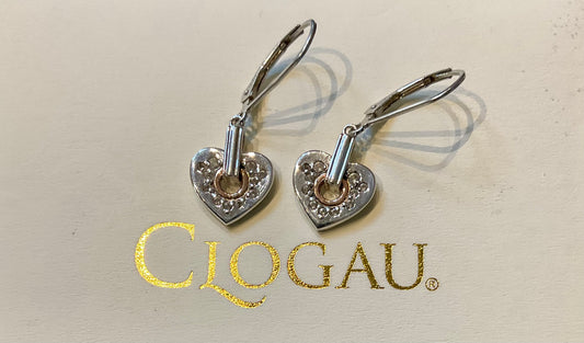 Clogau Cariad Sparkle Heart white topaz drop leverback earrings in silver and rose gold