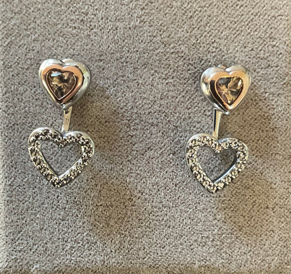 Clogau David Emanuel Misty Quartz Heart jacket earrings with Swarovski crystals in silver and rose gold