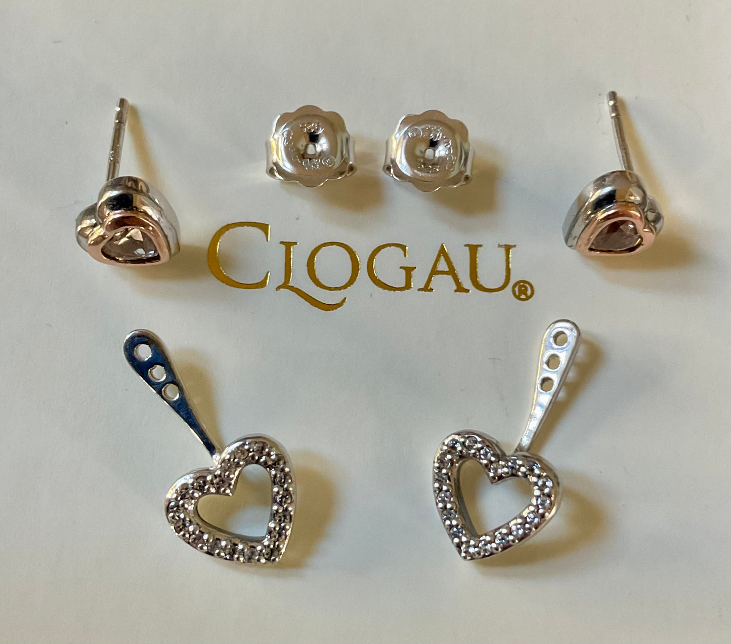 Clogau David Emanuel Misty Quartz Heart jacket earrings with Swarovski crystals in silver and rose gold