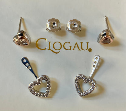 Clogau David Emanuel Misty Quartz Heart jacket earrings with Swarovski crystals in silver and rose gold