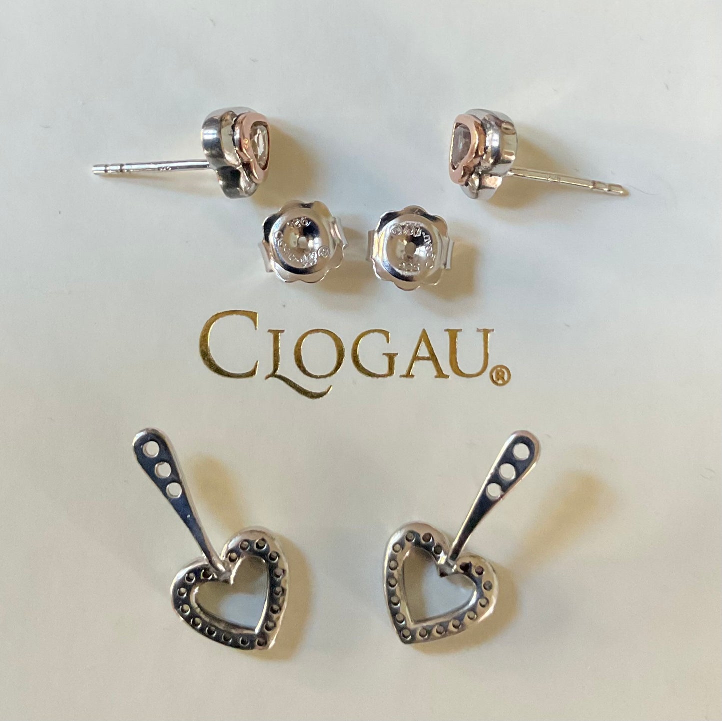 Clogau David Emanuel Misty Quartz Heart jacket earrings with Swarovski crystals in silver and rose gold