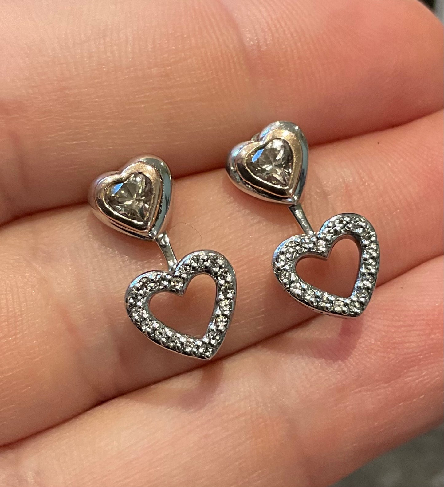 Clogau David Emanuel Misty Quartz Heart jacket earrings with Swarovski crystals in silver and rose gold