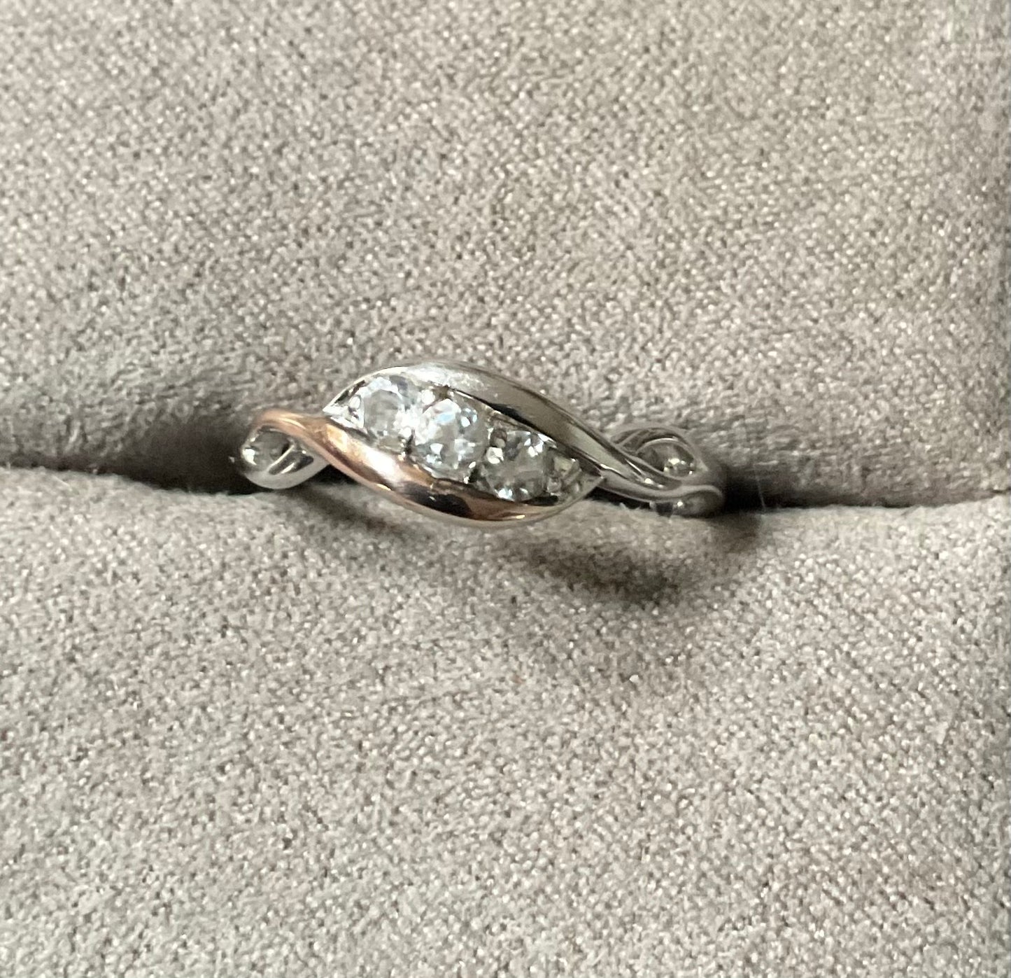 Clogau Past Present Future White Topaz trilogy ring in silver and rose gold