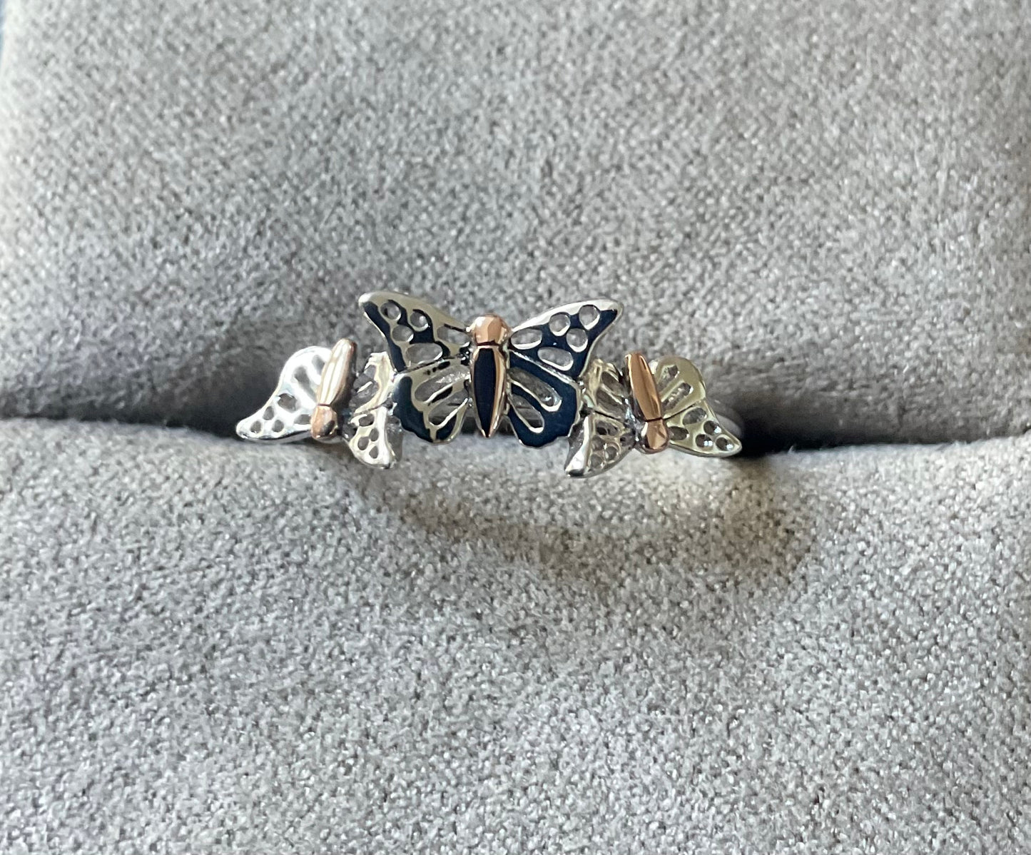 Clogau Triple Butterfly ring size N in silver and rose gold