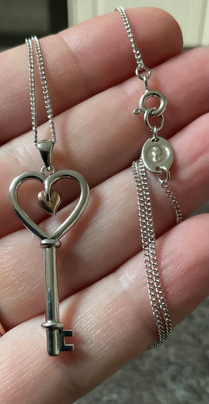 Clogau Tree of Life Heart Key pendant necklace 18-22” in silver and rose gold