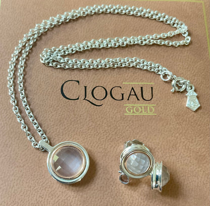 Clogau Ripples Rose Quartz pendant necklace 18” and Ripples Rose Quartz stud earrings matching set in silver and rose gold