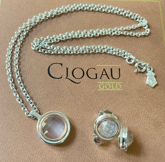 Clogau Ripples Rose Quartz pendant necklace 18” and Ripples Rose Quartz stud earrings matching set in silver and rose gold