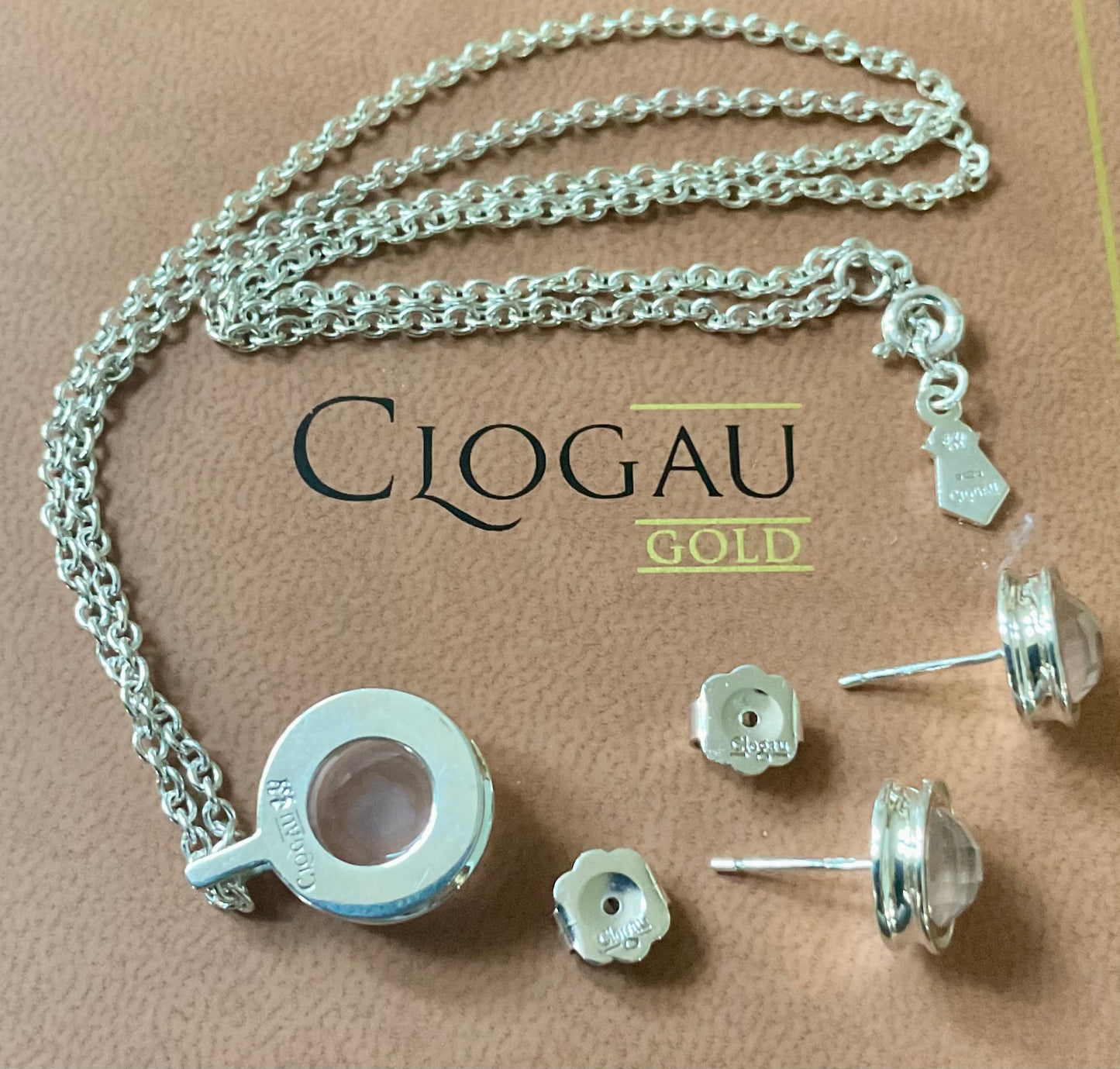 Clogau Ripples Rose Quartz pendant necklace 18” and Ripples Rose Quartz stud earrings matching set in silver and rose gold