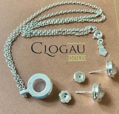 Clogau Ripples Rose Quartz pendant necklace 18” and Ripples Rose Quartz stud earrings matching set in silver and rose gold