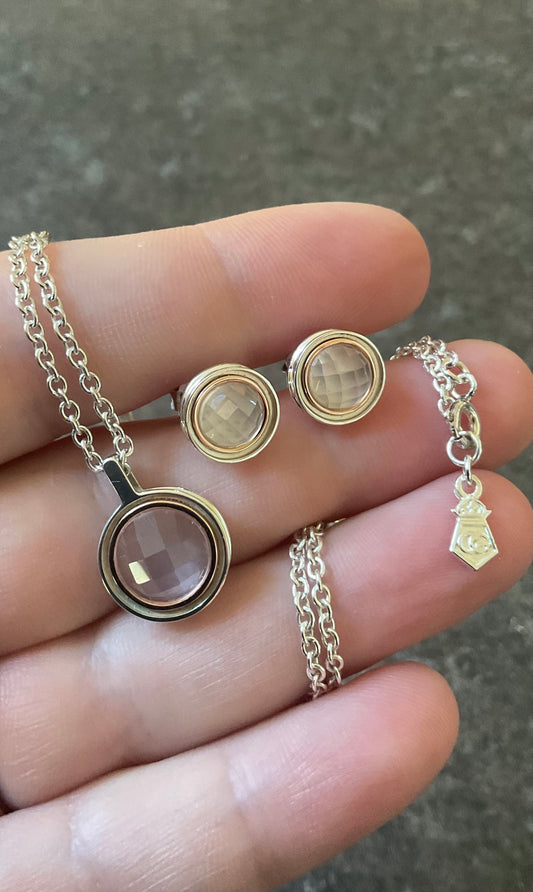 Clogau Ripples Rose Quartz pendant necklace 18” and Ripples Rose Quartz stud earrings matching set in silver and rose gold
