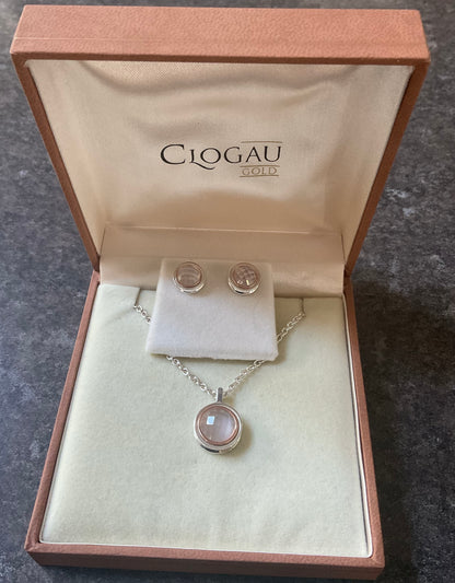 Clogau Ripples Rose Quartz pendant necklace 18” and Ripples Rose Quartz stud earrings matching set in silver and rose gold