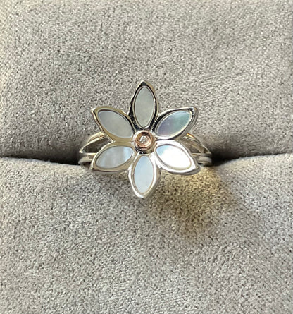 Clogau Lady Snowdon Mother of Pearl and Diamond flower ring size M in silver and rose gold