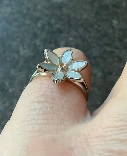 Clogau Lady Snowdon Mother of Pearl and Diamond flower ring size M in silver and rose gold