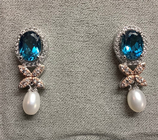 Clogau Superbloom Blue Topaz Queens Jubilee silver earrings pearl RRP £330