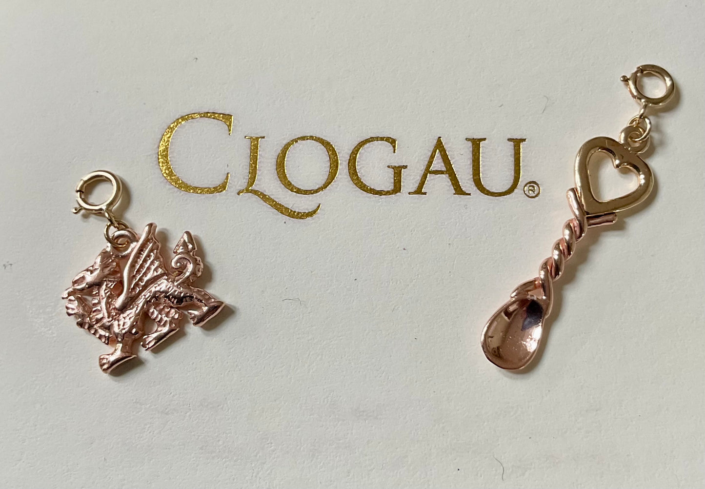 Vintage Clogau 9ct Welsh Lovespoon charm in yellow and rose gold (Dragon charm sold)
