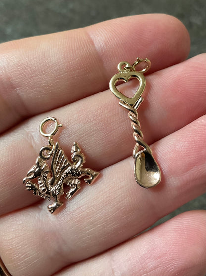 Vintage Clogau 9ct Welsh Lovespoon charm in yellow and rose gold (Dragon charm sold)