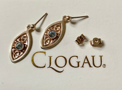 Vintage Clogau 9ct Queen Eleanor/Tryfan Blue Topaz elliptical drop earrings yellow rose gold