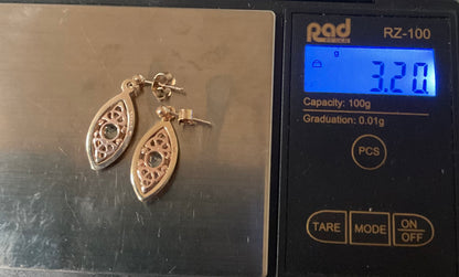 Vintage Clogau 9ct Queen Eleanor/Tryfan Blue Topaz elliptical drop earrings yellow rose gold