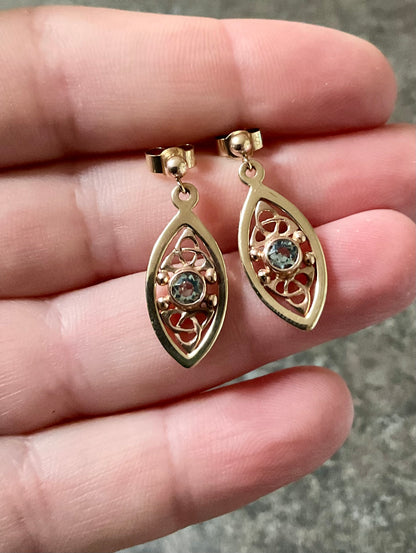 Vintage Clogau 9ct Queen Eleanor/Tryfan Blue Topaz elliptical drop earrings yellow rose gold
