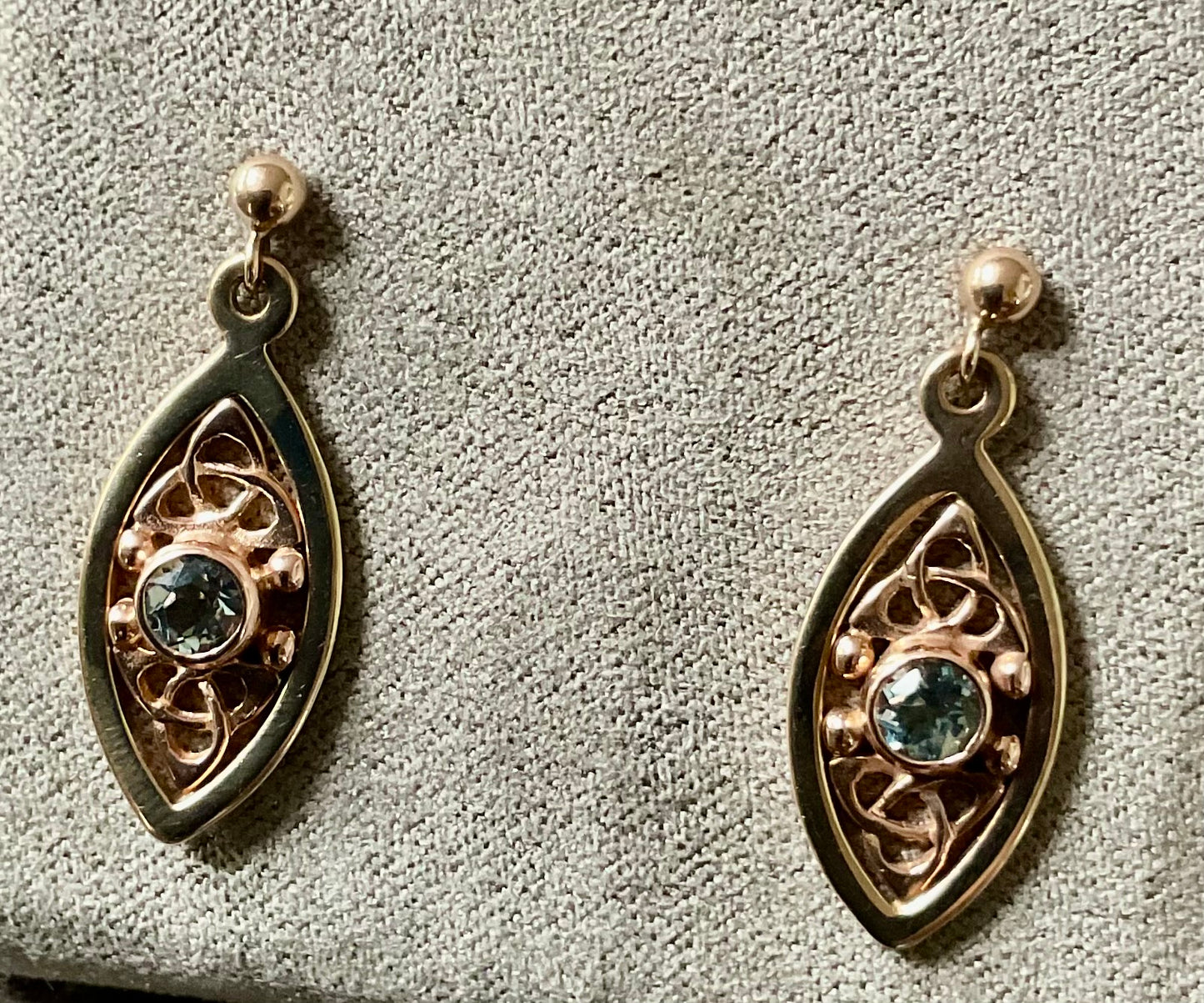 Vintage Clogau 9ct Queen Eleanor/Tryfan Blue Topaz elliptical drop earrings yellow rose gold