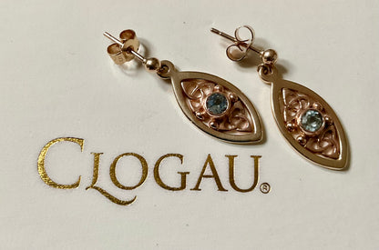 Vintage Clogau 9ct Queen Eleanor/Tryfan Blue Topaz elliptical drop earrings yellow rose gold